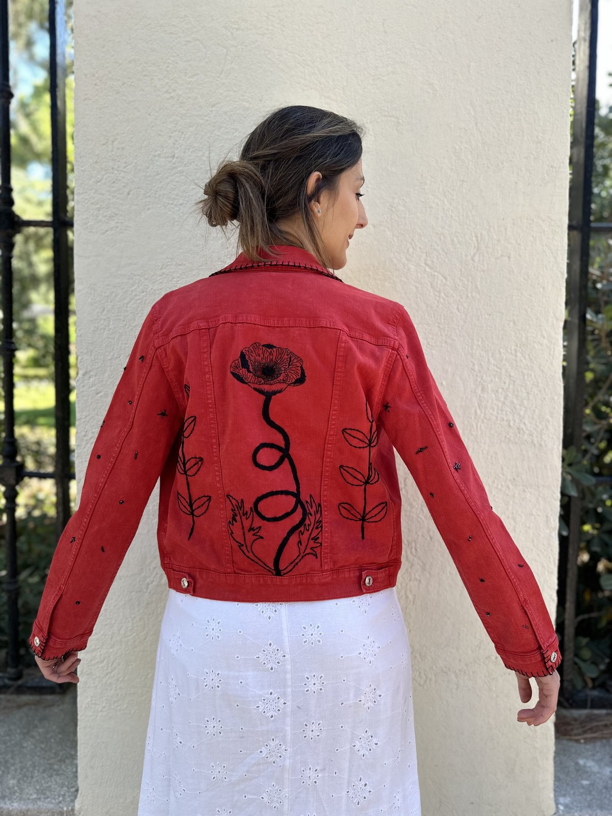 Red jacket with black flowers | Sandra Embroidery Art